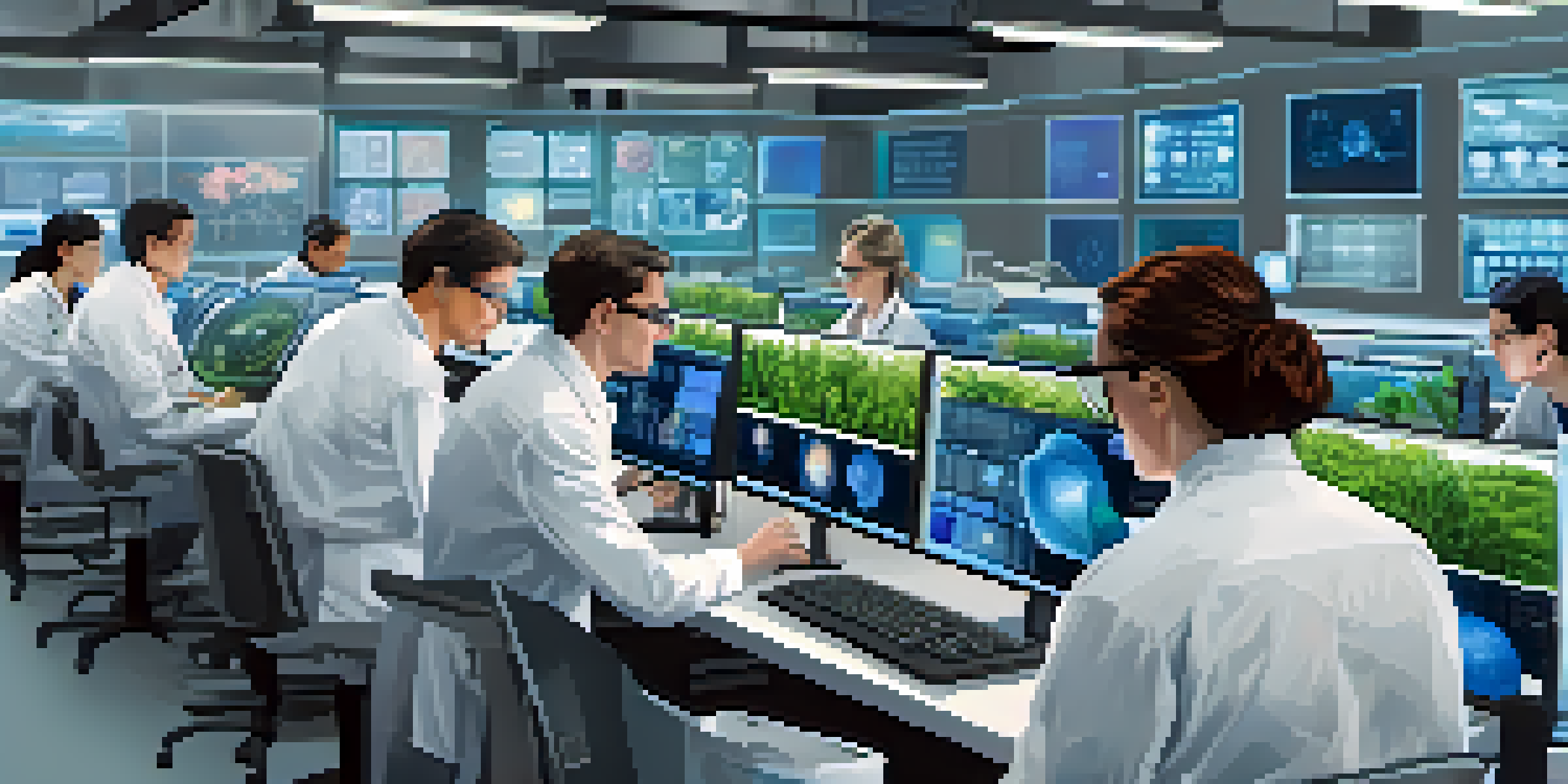 Scientists in a laboratory working on genomic data analysis, showcasing teamwork in plant breeding.