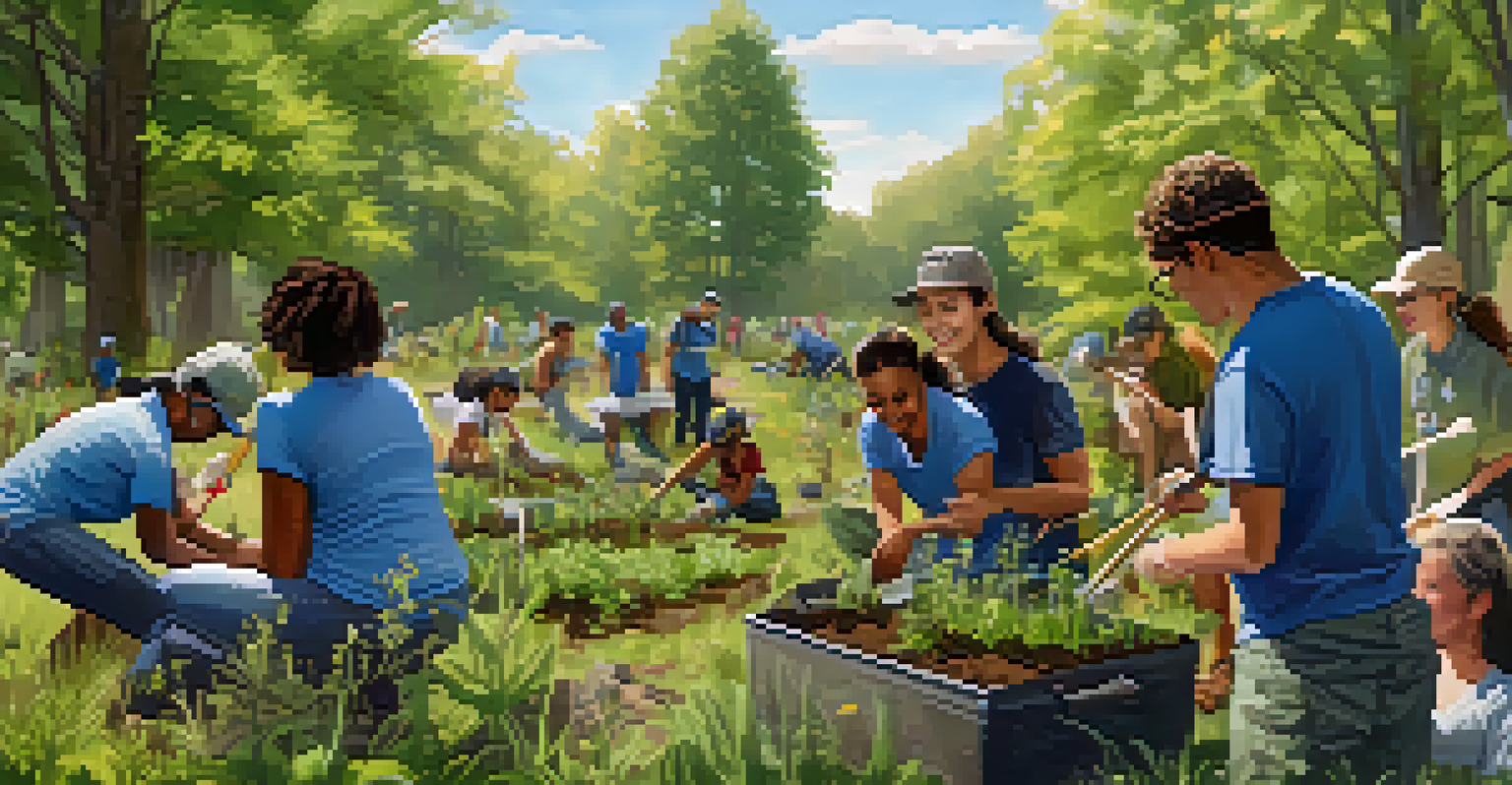 A diverse group of people planting native plants in a sunny park, showcasing community engagement.