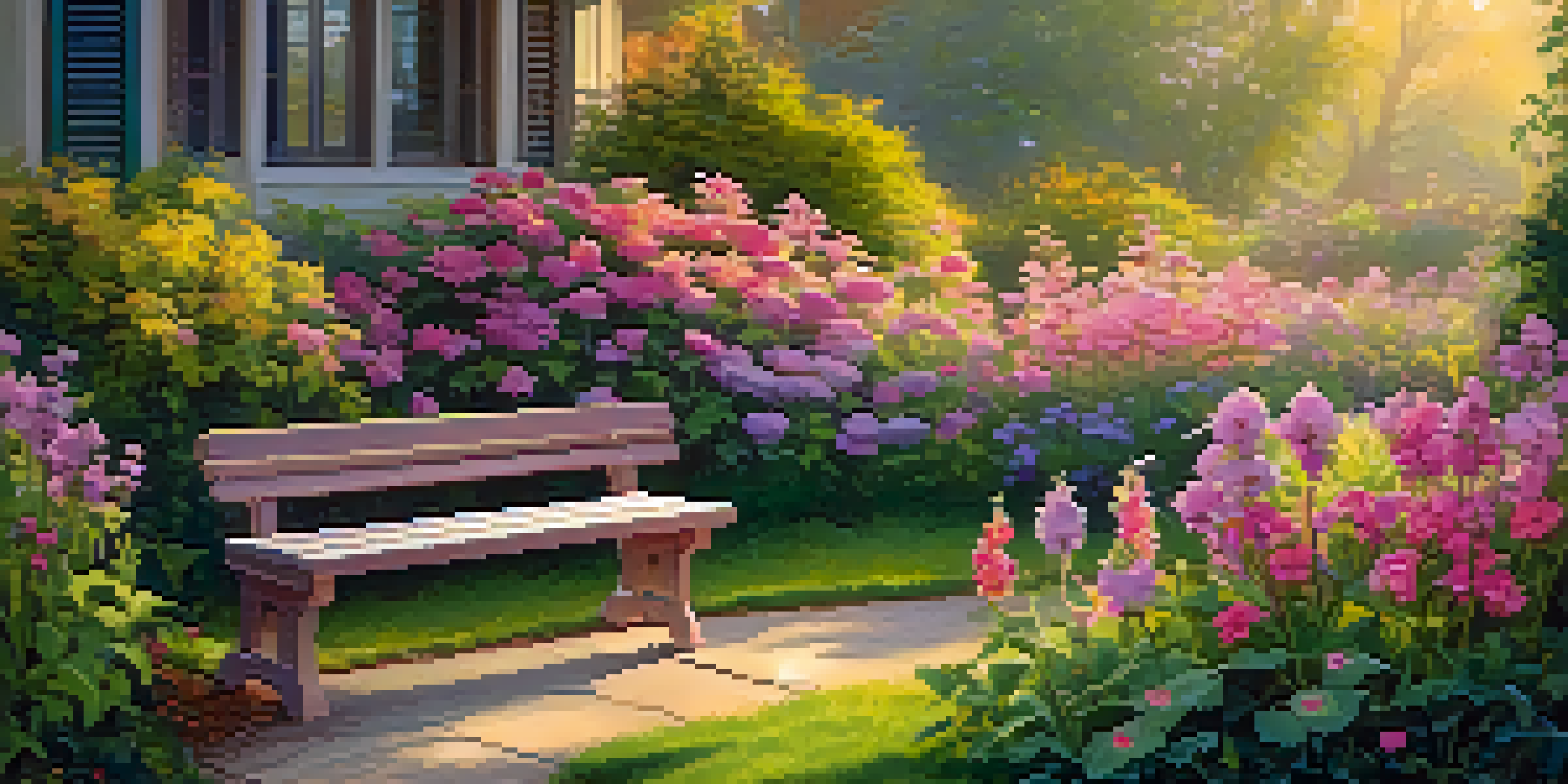 A peaceful garden at sunrise with colorful flowers and a wooden bench, illuminated by soft morning light.