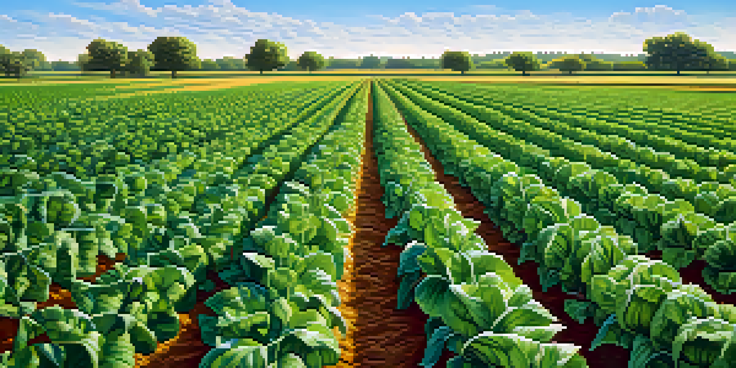 Close-up of genetically modified crops in a lush field under a clear blue sky.