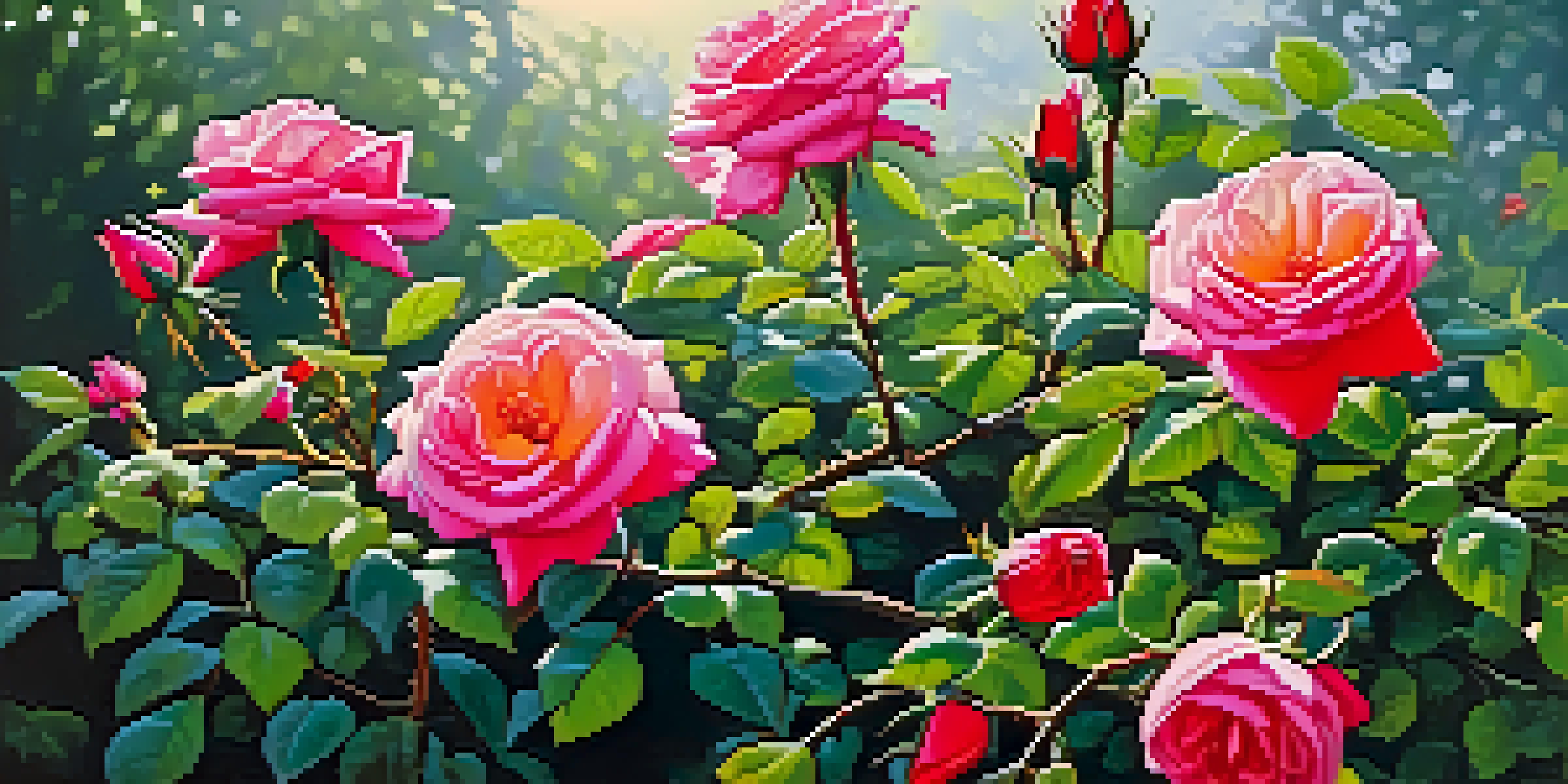 A close-up of a rose bush with sharp thorns and colorful blooms in a softly lit garden.
