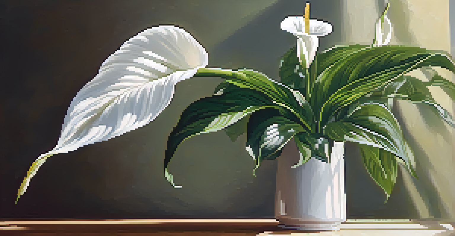 A close-up of a blooming peace lily with white flowers and green leaves on a wooden table.