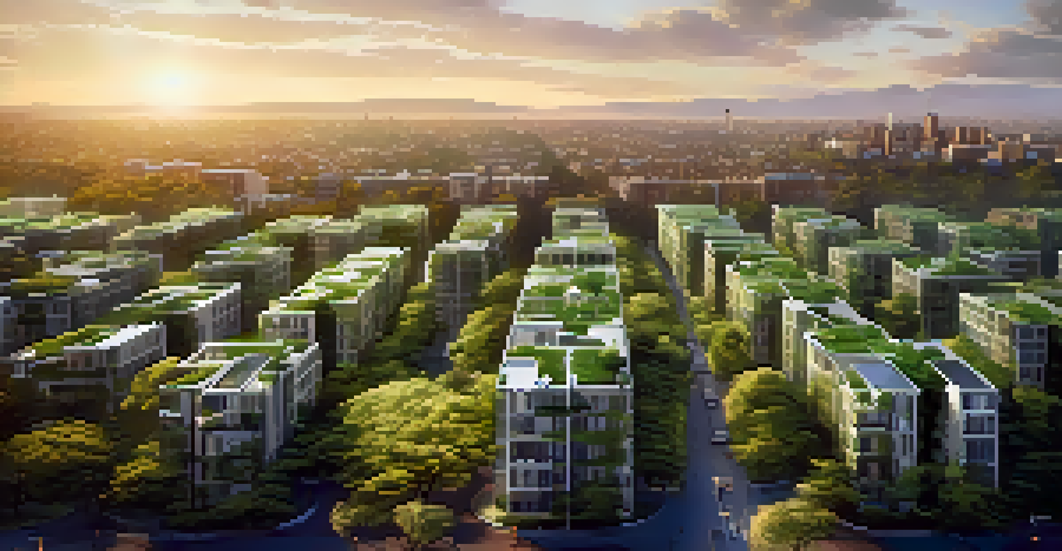 An aerial view of a city with green spaces and trees among buildings, showcasing the blend of nature and urban life at sunset.