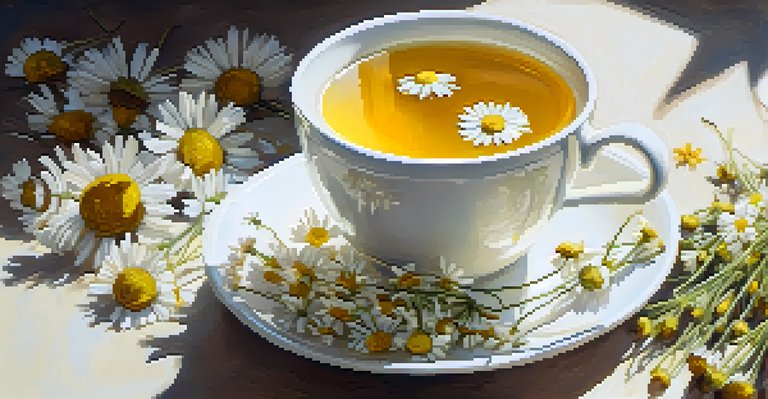 A cup of chamomile tea next to dried and fresh chamomile flowers, with a warm golden color of the tea and soft natural light creating a calming atmosphere.
