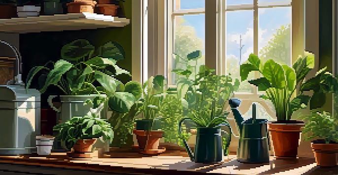 A bright kitchen with various green indoor plants on the window sills, sunlight illuminating the room and a watering can visible on the countertop.