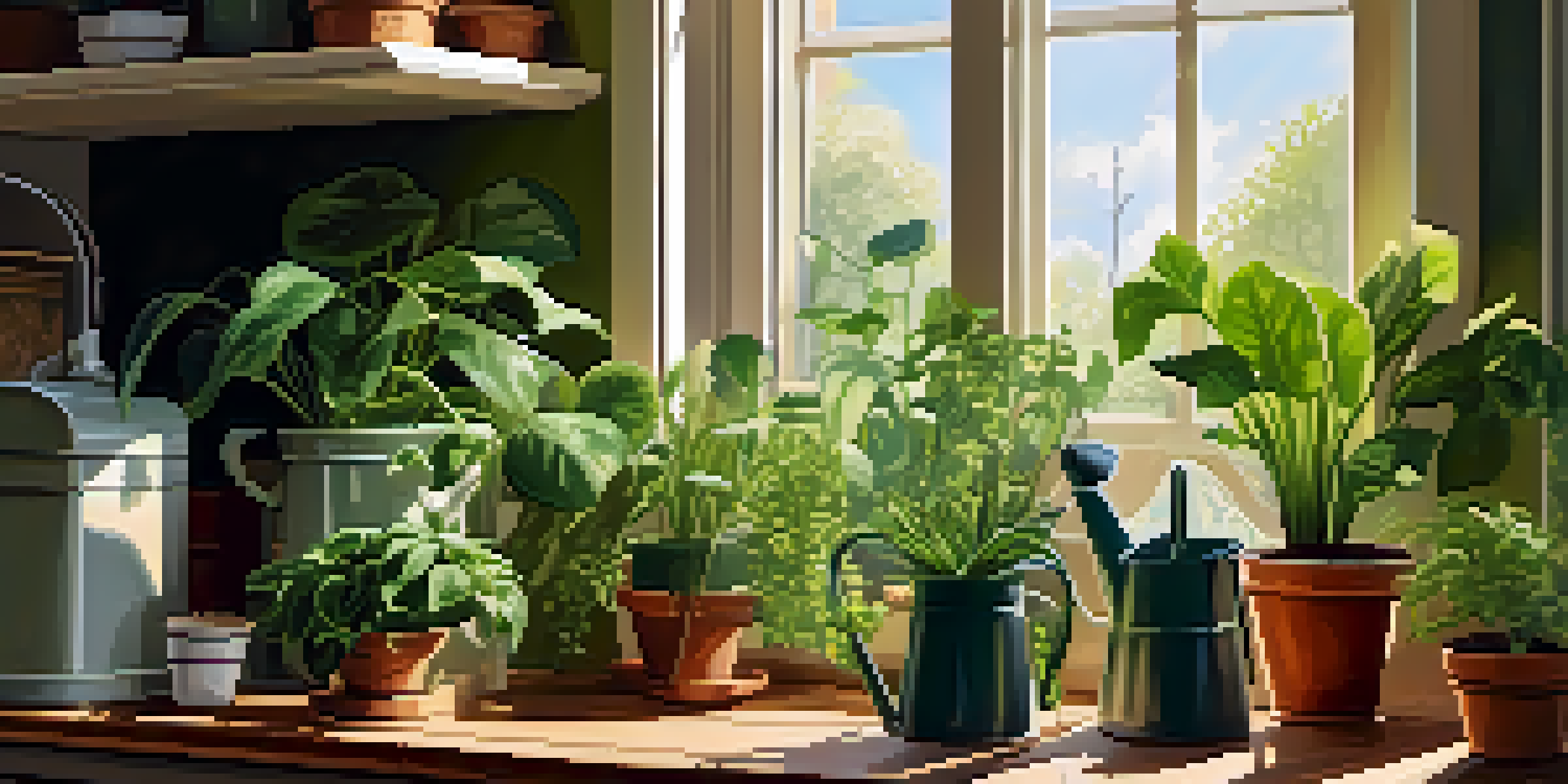 A bright kitchen with various green indoor plants on the window sills, sunlight illuminating the room and a watering can visible on the countertop.