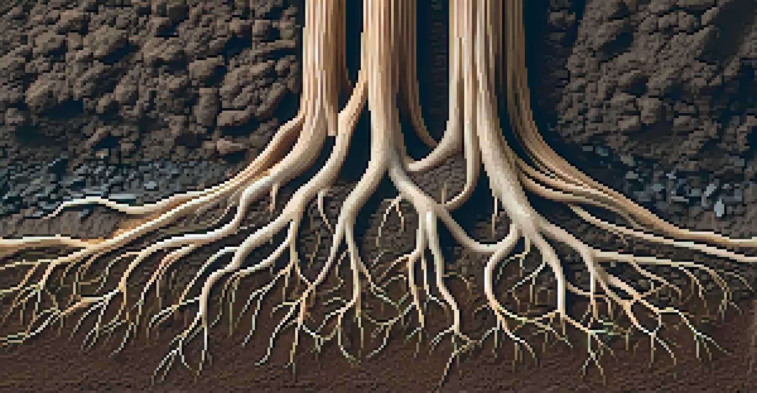 An artistic depiction of a plant root system, showing deep taproots and shallow fibrous roots in a soil profile.