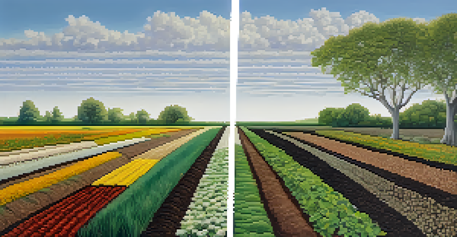 Comparison of a healthy garden with diverse plants and rich soil versus a barren monoculture field, highlighting soil health differences.