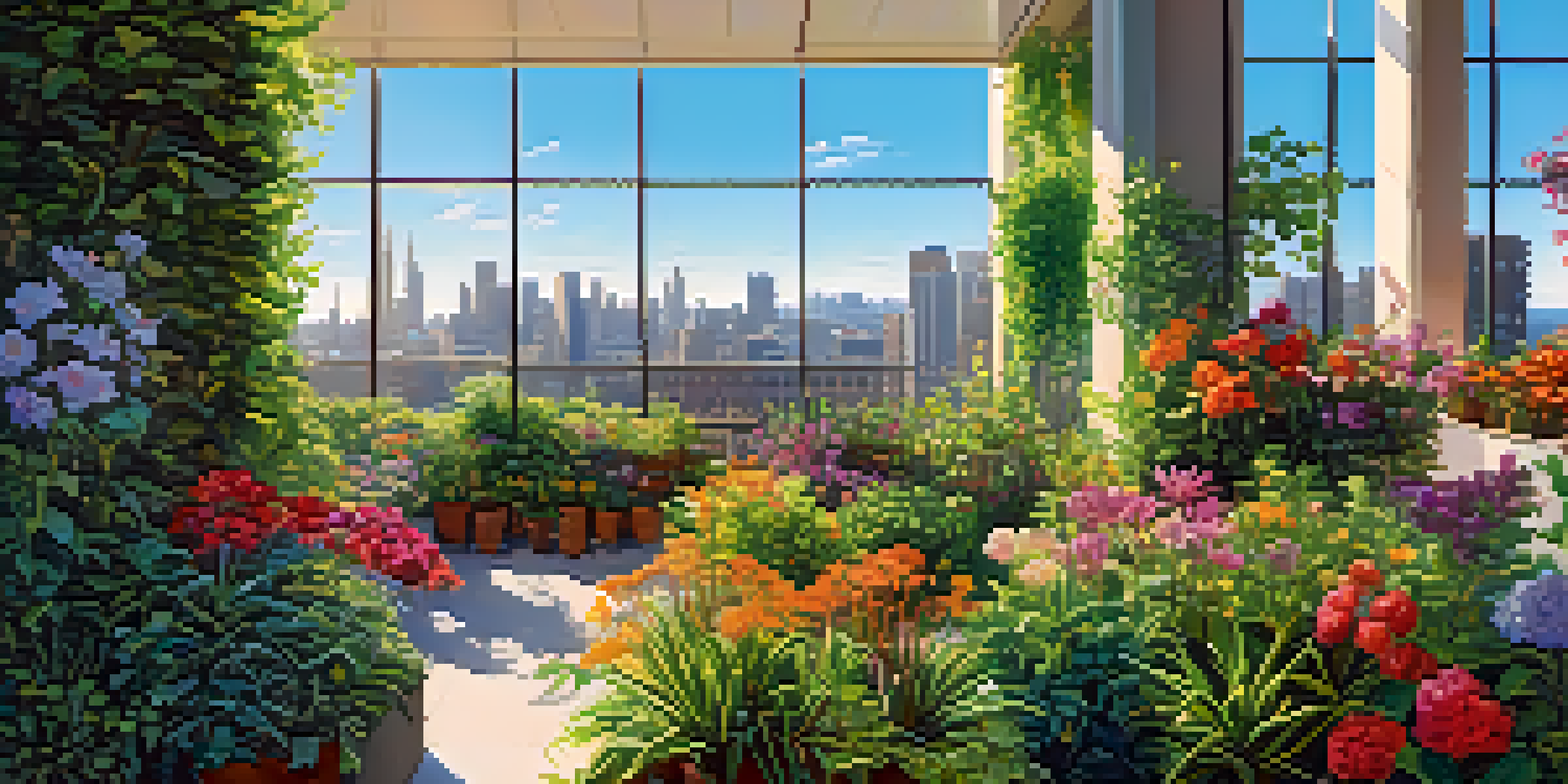 A colorful rooftop garden with various plants and flowers on a modern building under a clear blue sky.
