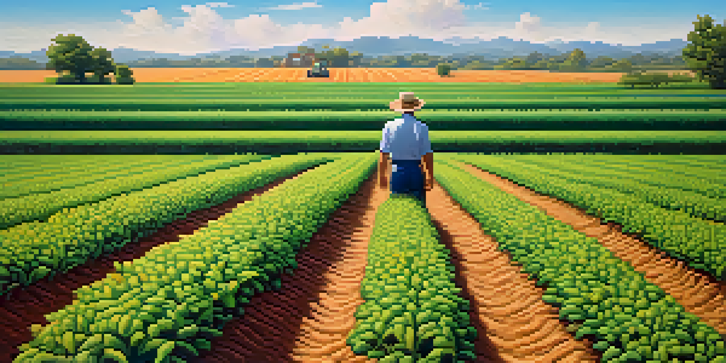 A farmer inspecting a vibrant field of genetically modified crops under a clear blue sky, representing the resilience of plants enhanced by CRISPR technology.