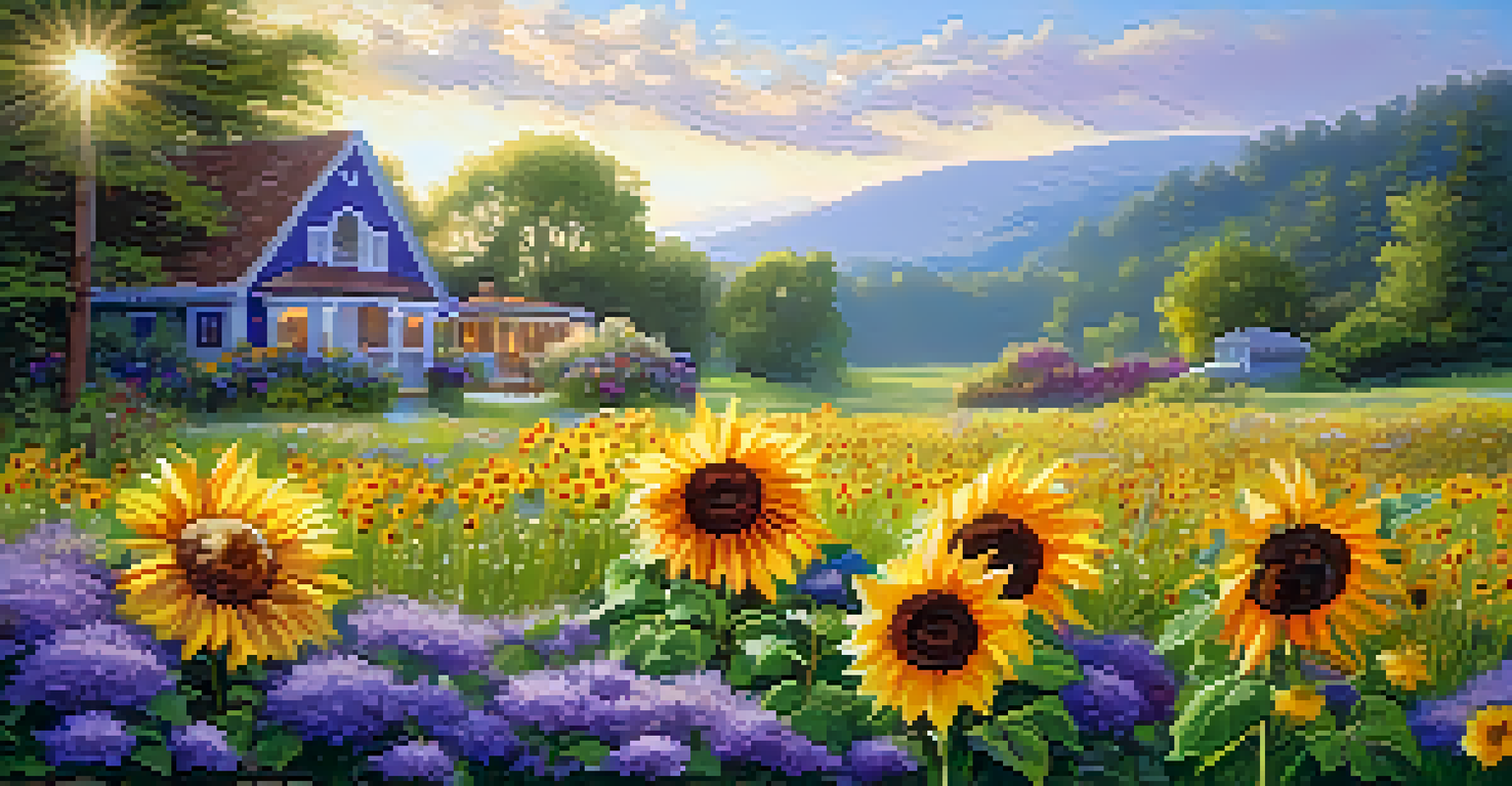 A lively summer garden filled with sunflowers, purple asters, and baby's breath under the sun.