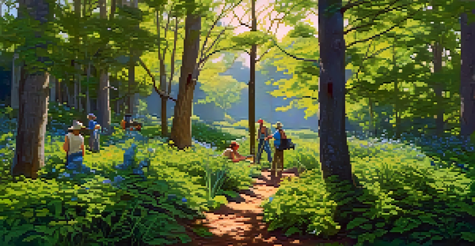 A vibrant green landscape depicting volunteers removing invasive plants while native plants bloom under a bright blue sky.