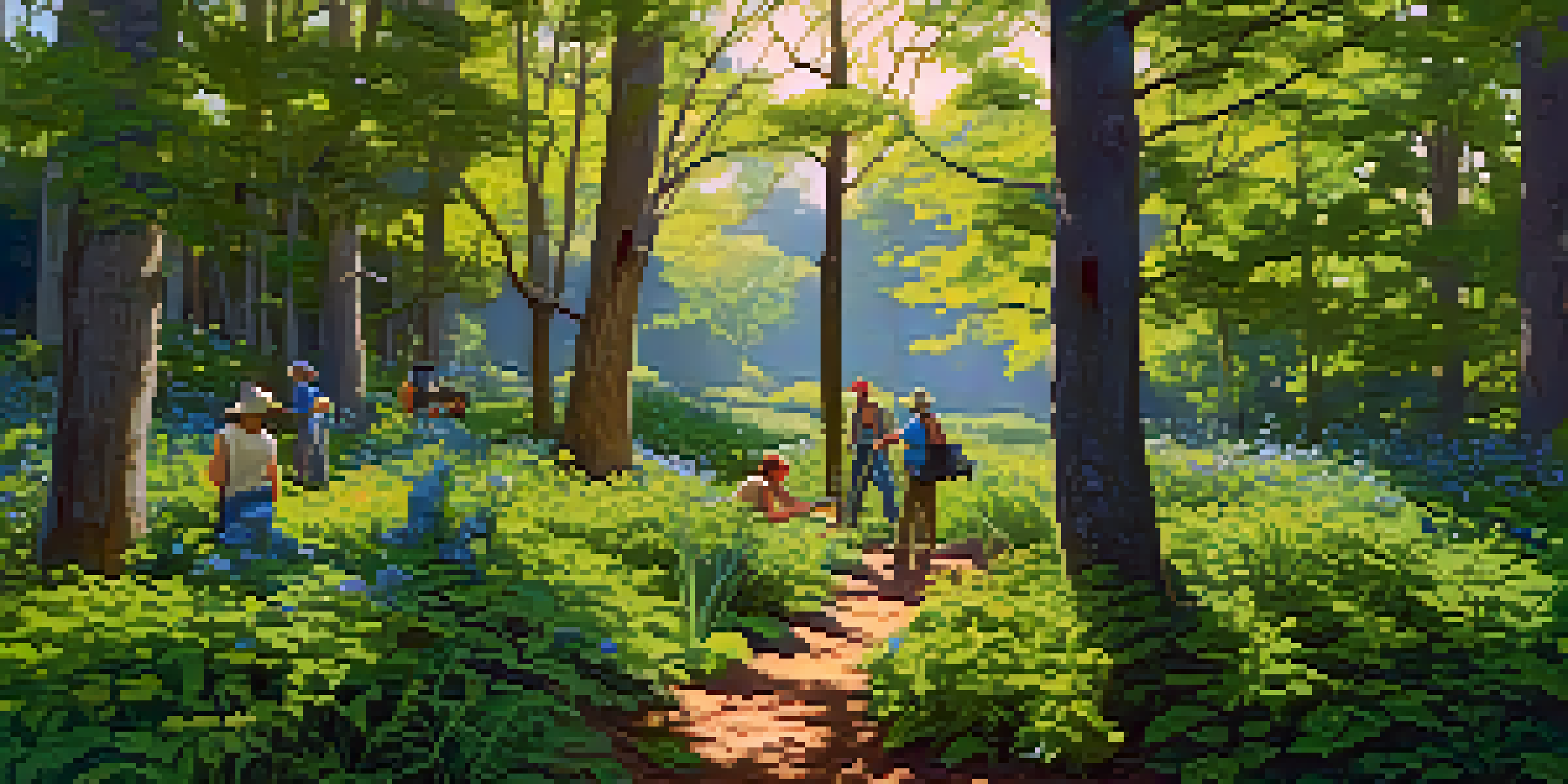 A vibrant green landscape depicting volunteers removing invasive plants while native plants bloom under a bright blue sky.