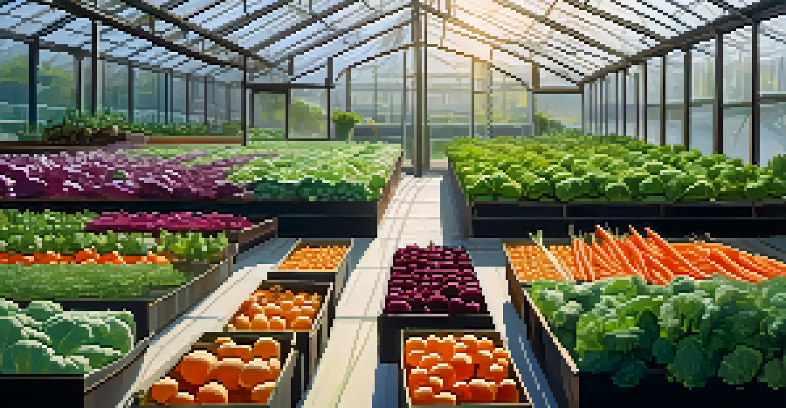 A vibrant display of cold-hardy vegetables like carrots and beets growing in rows inside a spring greenhouse, with sunlight streaming through the glass.