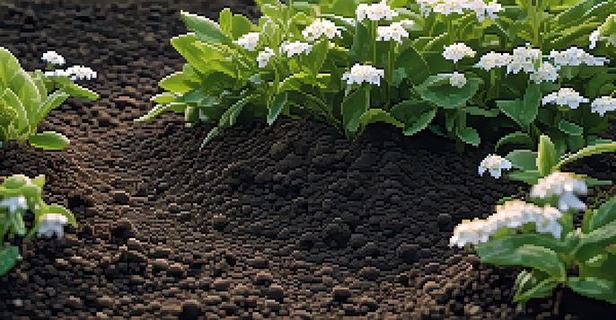 A close-up of dark soil with roots and white flowers, illuminated by soft sunlight filtering through leaves.