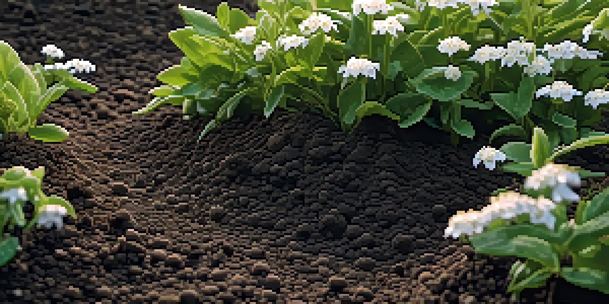 A close-up of dark soil with roots and white flowers, illuminated by soft sunlight filtering through leaves.