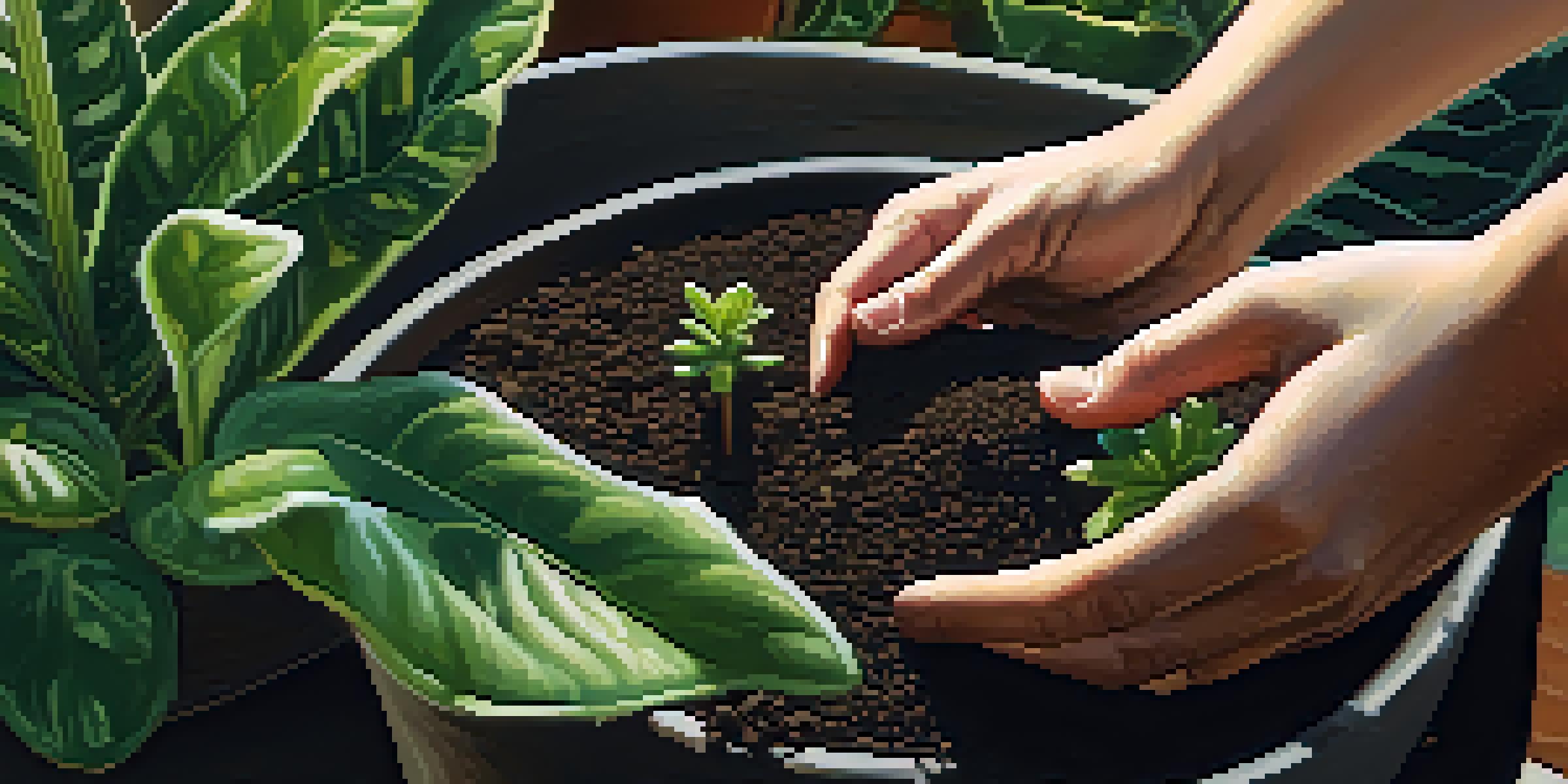 A close-up of a hand checking the soil moisture of a potted plant, with vibrant green leaves and rich dark soil.