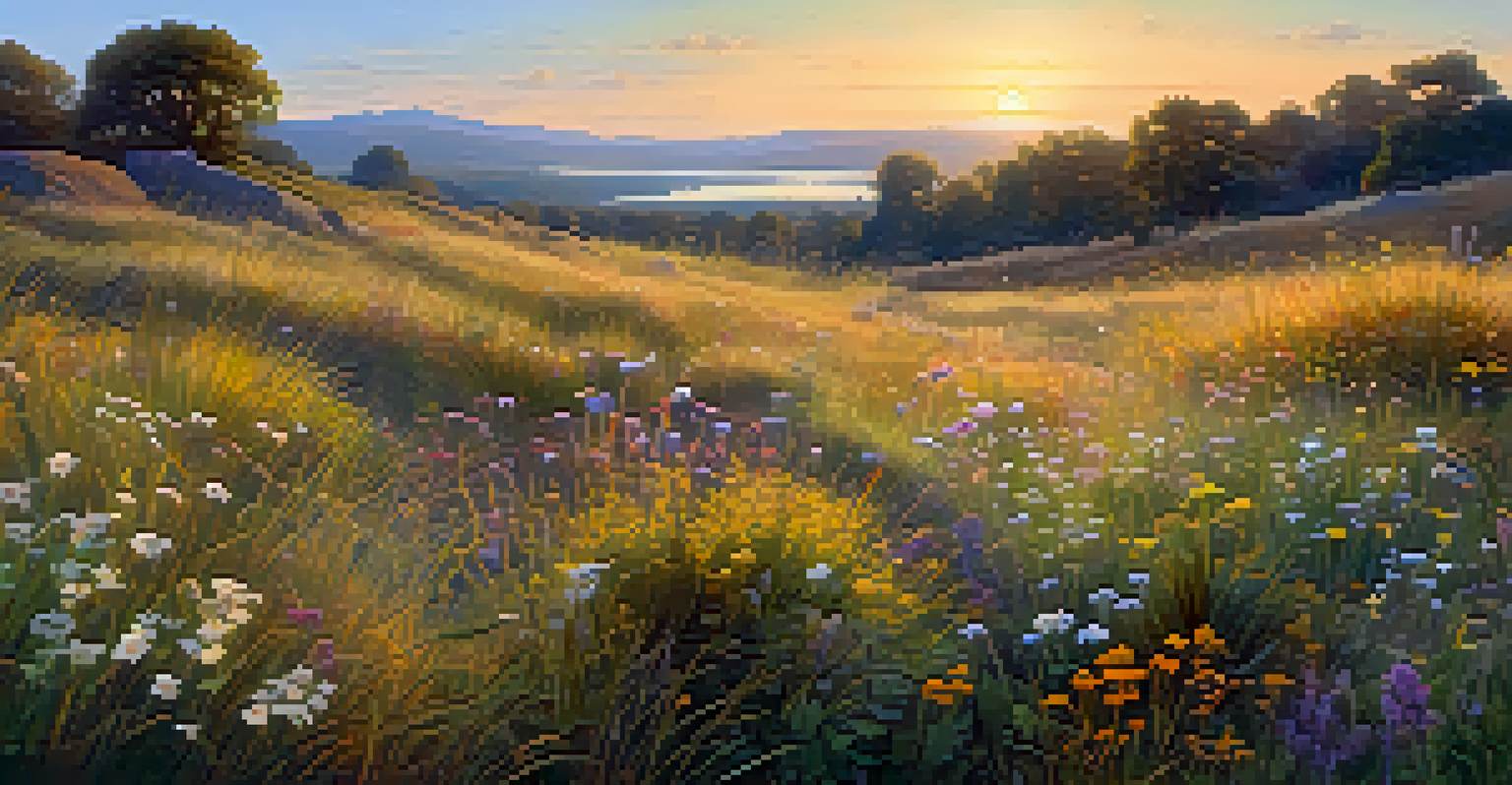 A vibrant meadow filled with diverse plants, showcasing colorful puffs of VOCs released into the air against a warm sunset background.