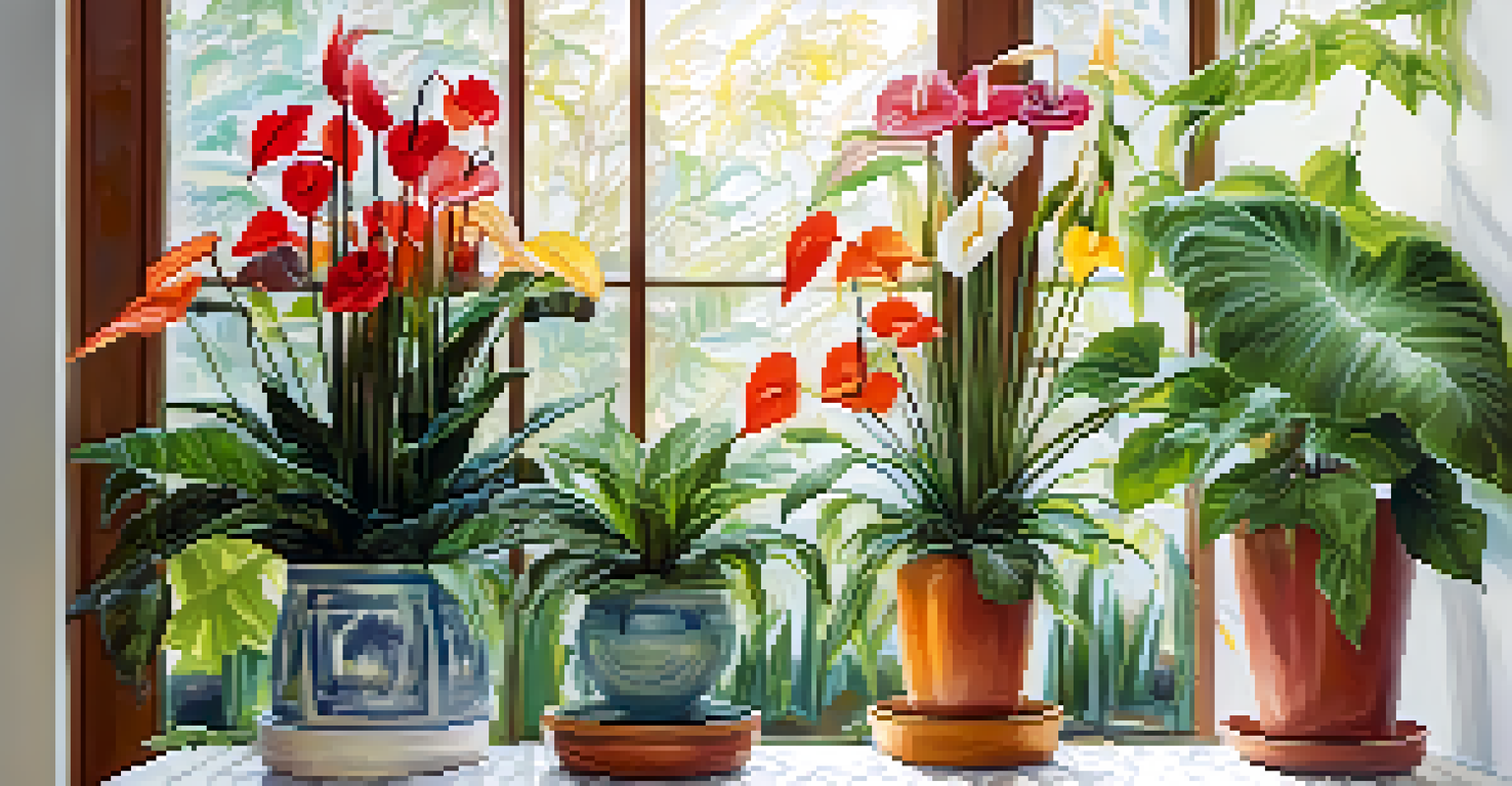 A colorful corner of an indoor garden with flowering plants on a metal stand against a pastel wall.