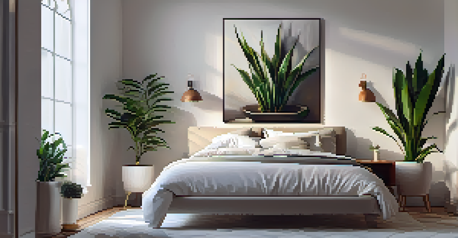 A tranquil bedroom featuring a snake plant beside a neatly made bed, bathed in warm light.