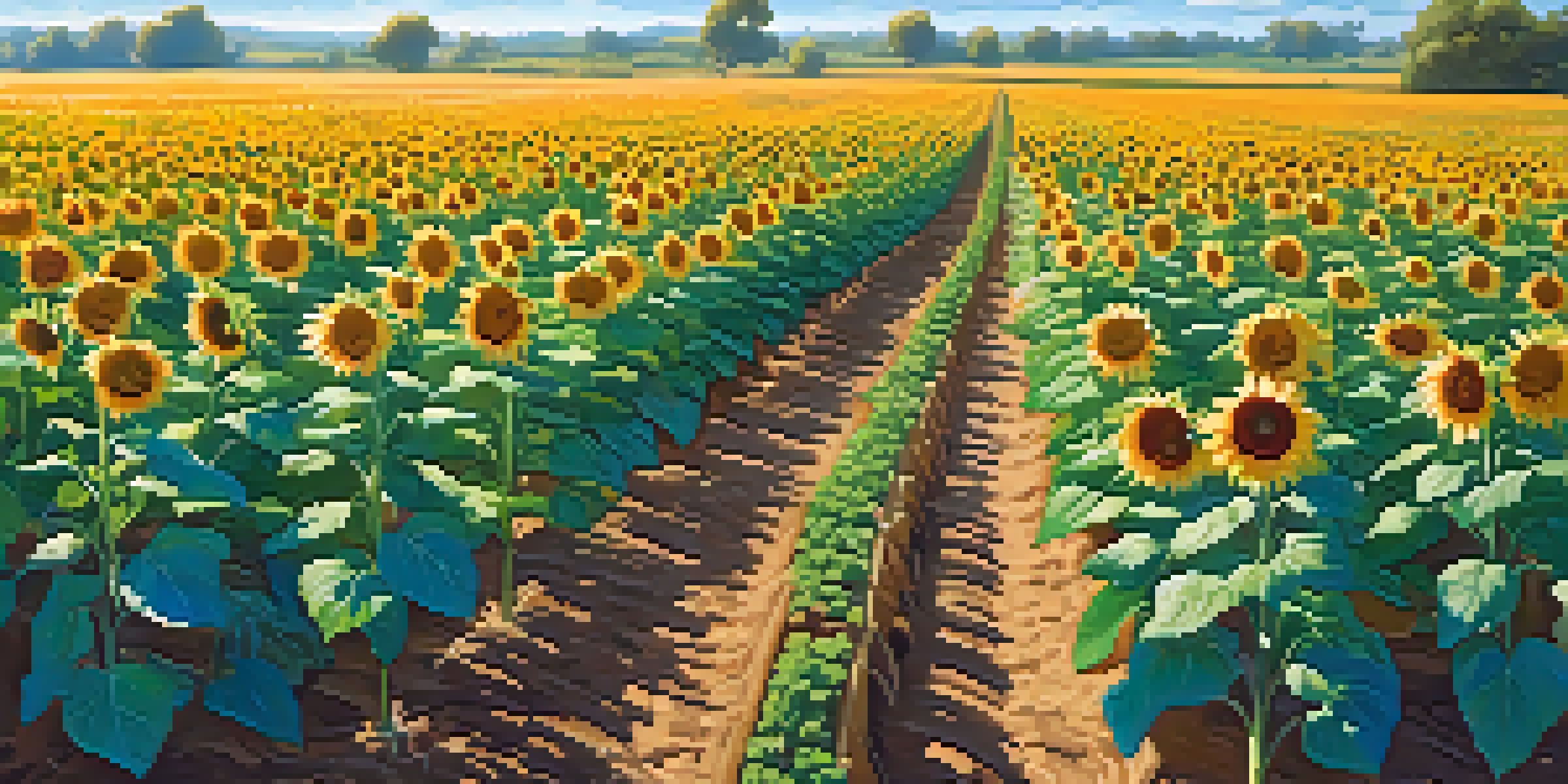 A colorful field of diverse crops with sunflowers, leafy vegetables, and flowers under a blue sky, illuminated by sunlight.