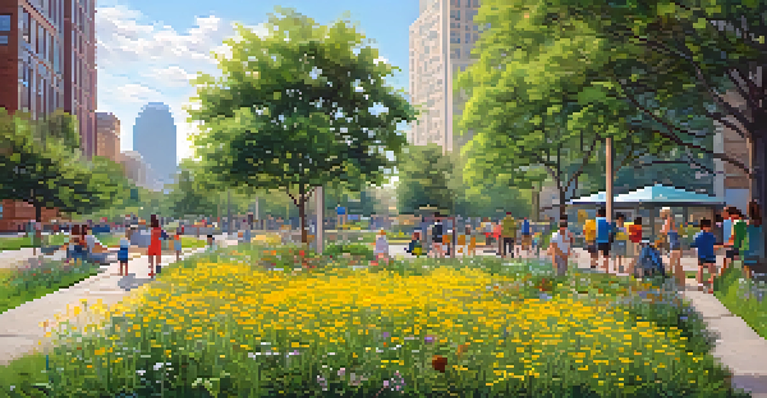 A group of people foraging for edible weeds in an urban park, with flowers and buildings in the background.