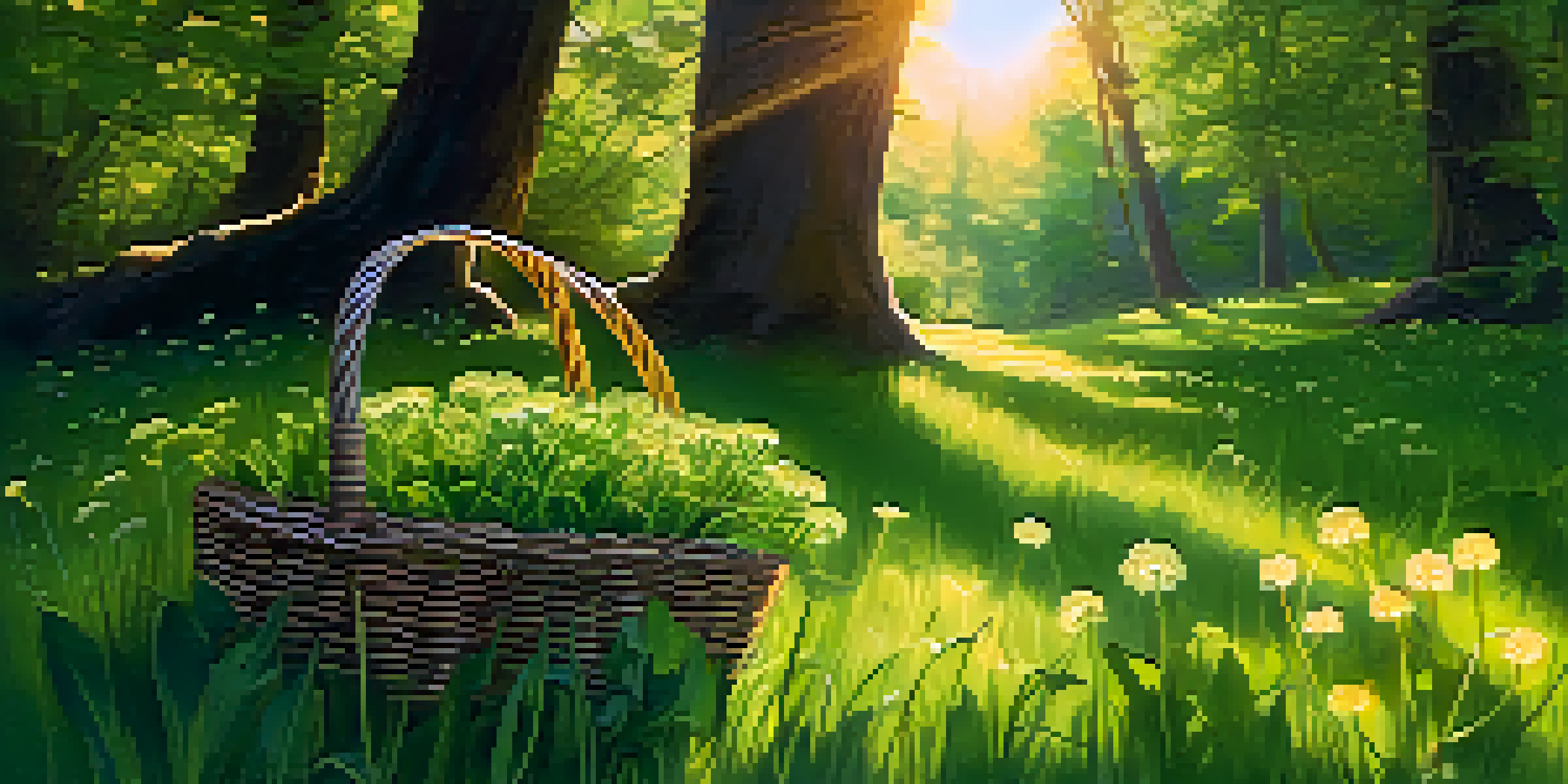 A tranquil forest with sunlight filtering through the leaves, displaying different edible plants like dandelions and wild garlic, along with a basket of foraged greens.