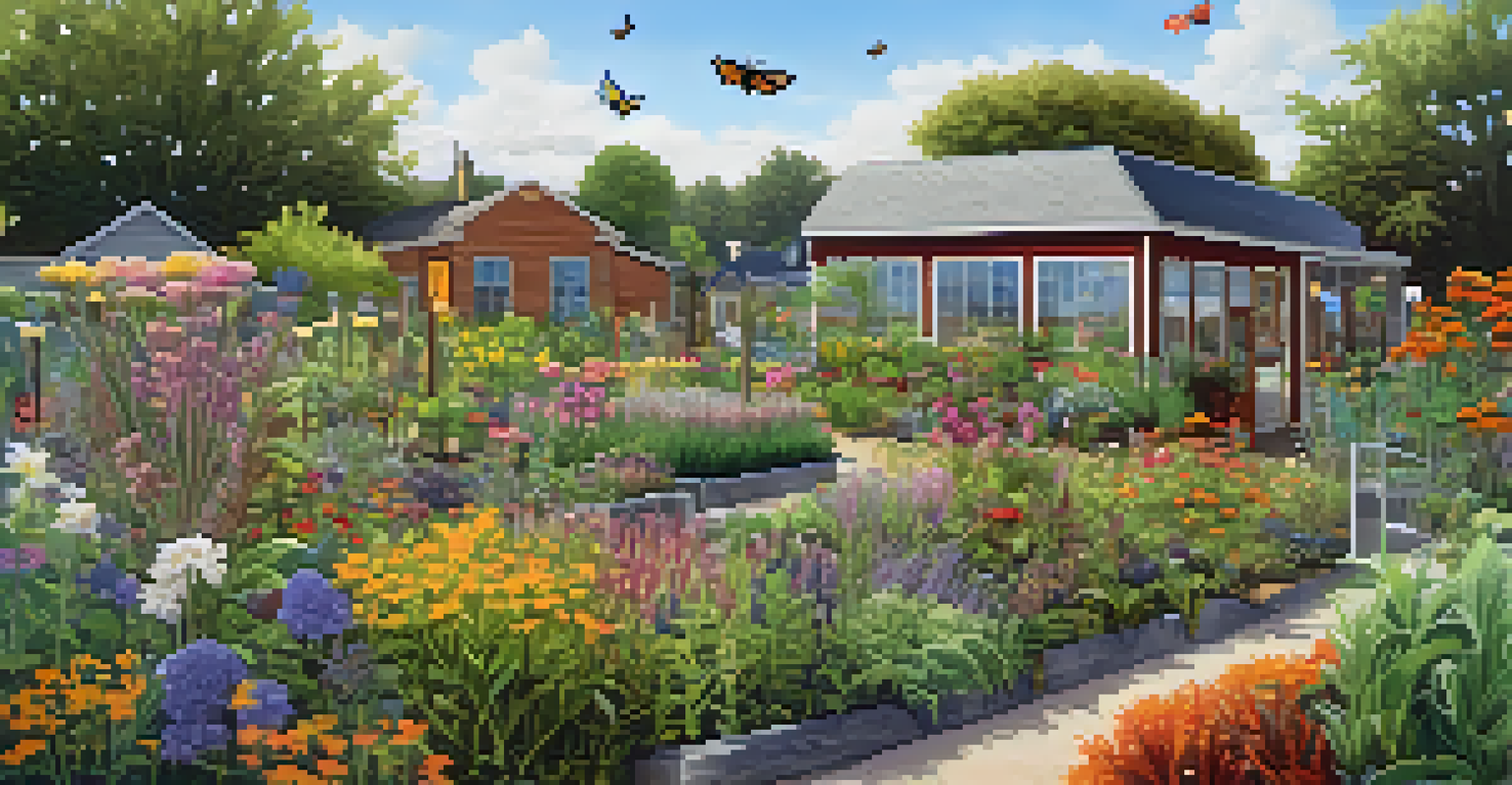 A vibrant community garden with a variety of native plants, butterflies, and a sign promoting native flora.