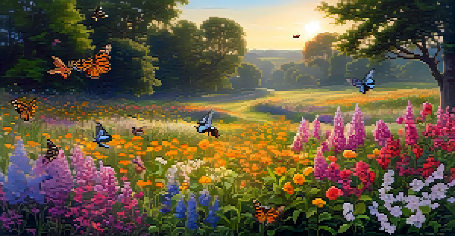 A field of colorful flowers at sunset, with butterflies and bees flying around in a tranquil landscape.