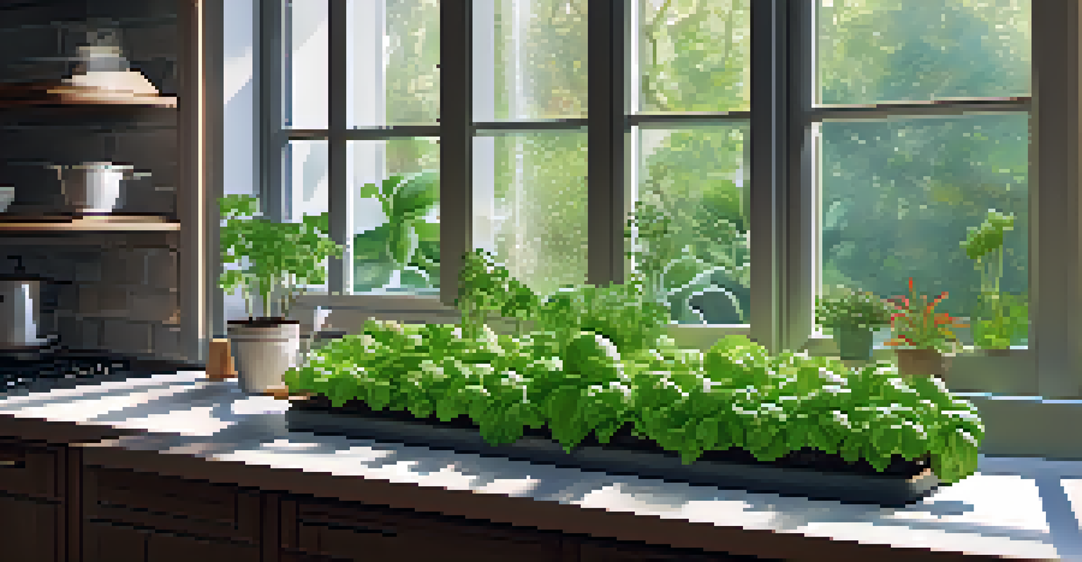 A kitchen countertop with a small hydroponic garden growing basil, mint, and lettuce in a bright setting.