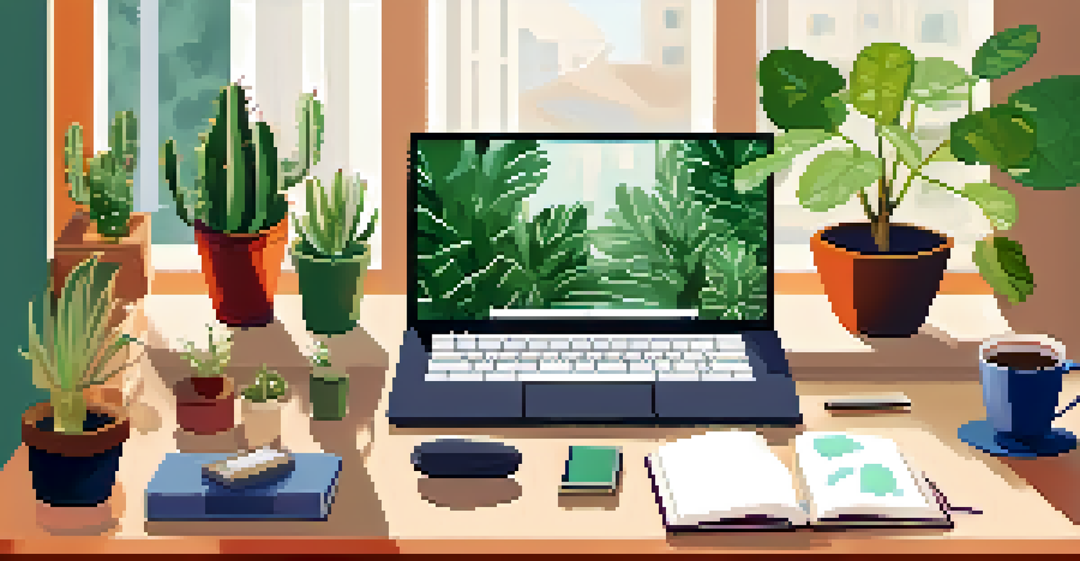 An inviting workspace with a desk decorated with indoor plants, natural light, and an open laptop.