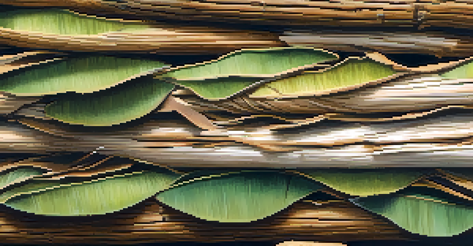 A close-up view of willow bark with detailed textures, illuminated by soft light, and delicate leaves in the background.