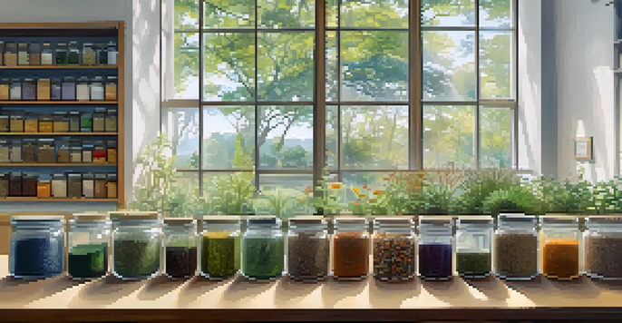 A bright and organized seed bank with glass jars containing various seeds, illuminated by natural light, surrounded by botanical literature.