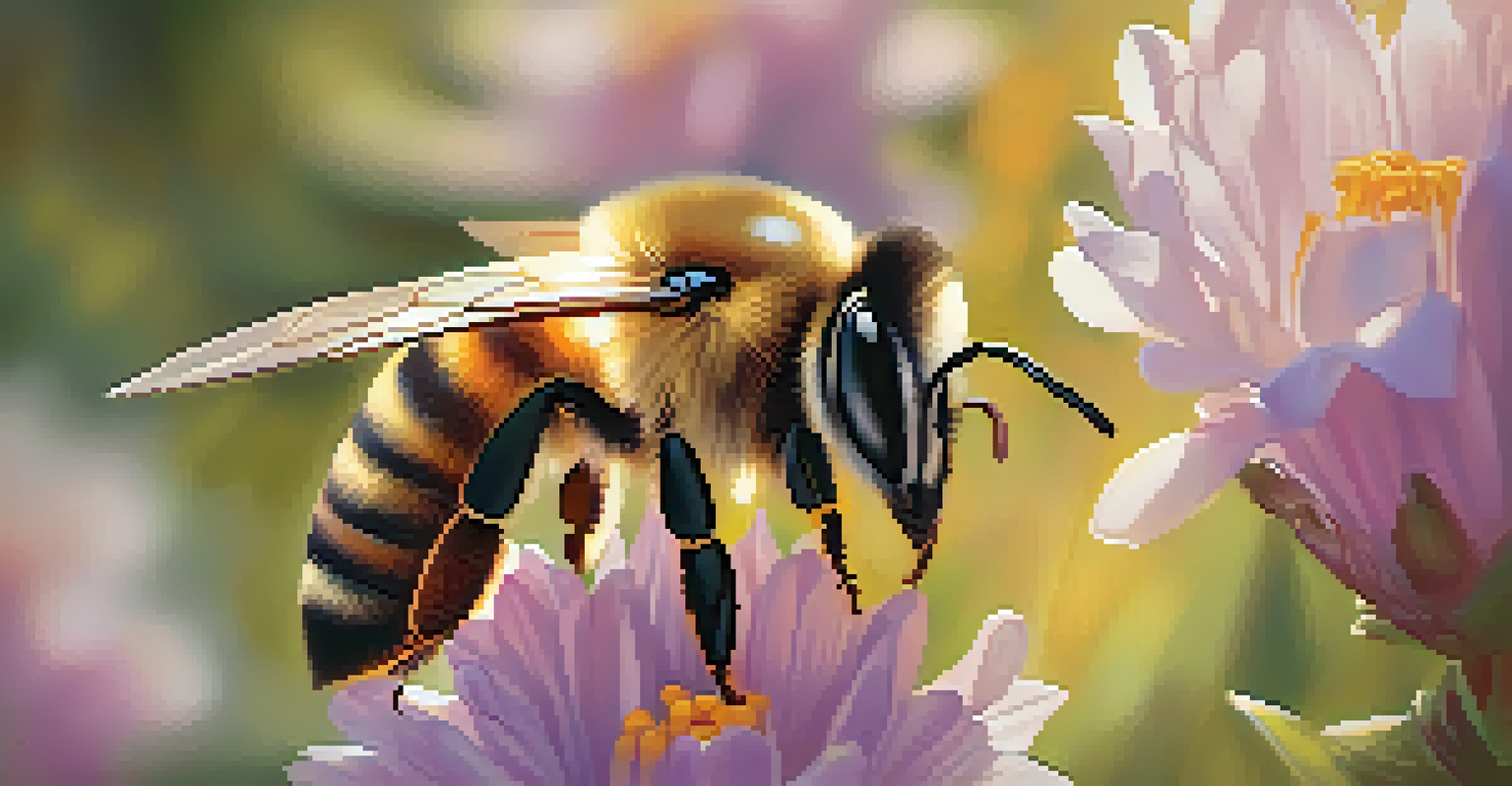 A close-up of a bee on a blooming flower, with vibrant petals and a softly lit garden in the background.
