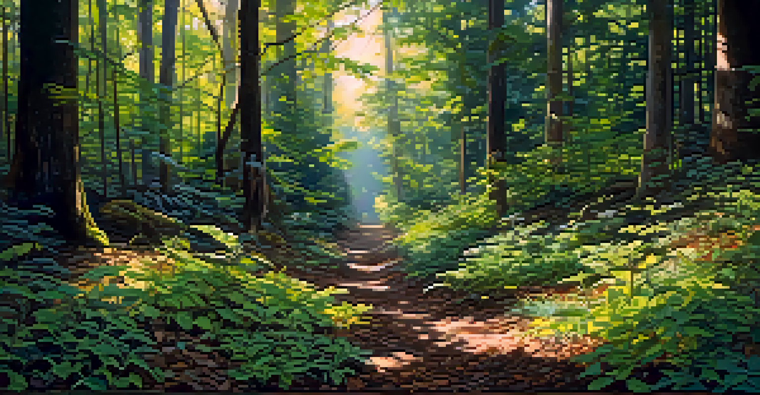 A forest scene showing a contrast between healthy native plants and wilted invasive plants, with sunlight filtering through the trees.