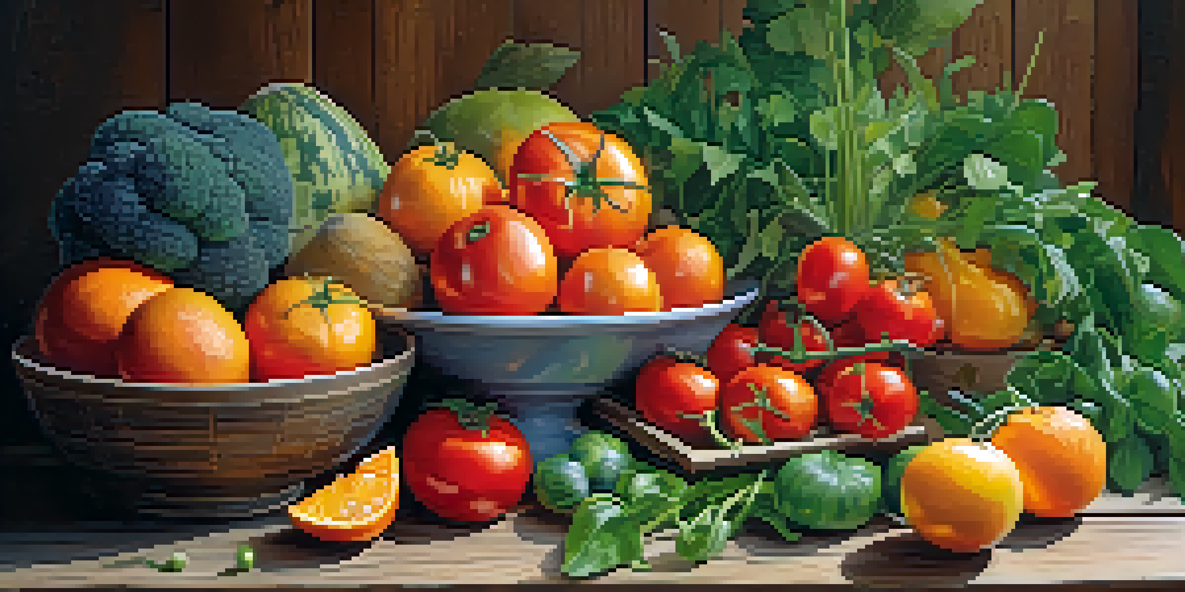 A colorful display of fresh fruits and vegetables on a wooden table, illuminated by soft morning light.