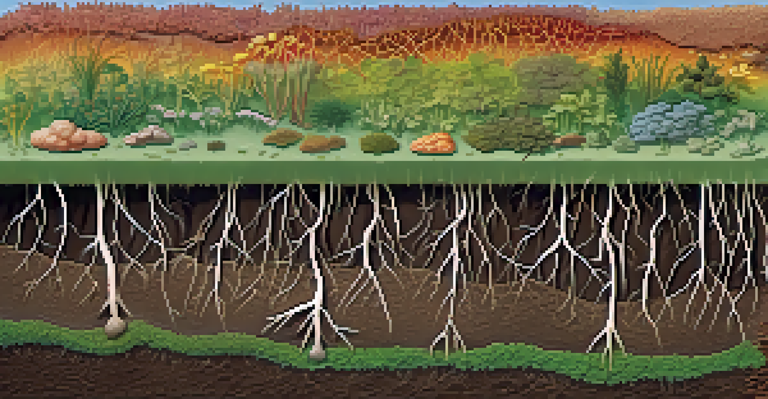 A cross-section of soil showing mycorrhizal networks, roots, and nutrient flow, with thriving plants above.