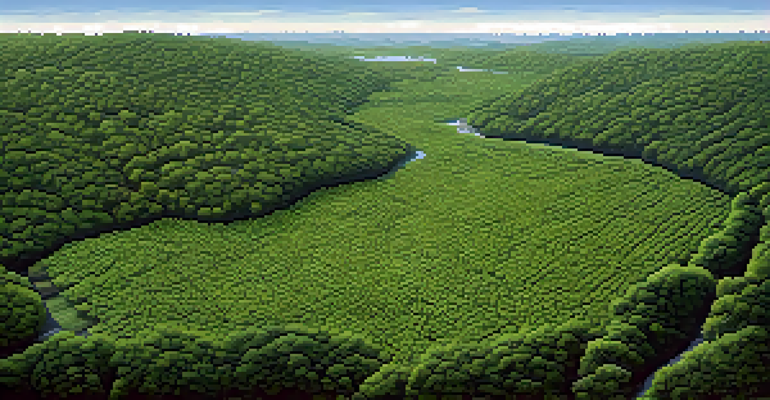 Aerial view of a landscape showing kudzu vine overtaking trees and native plants in the southeastern United States.