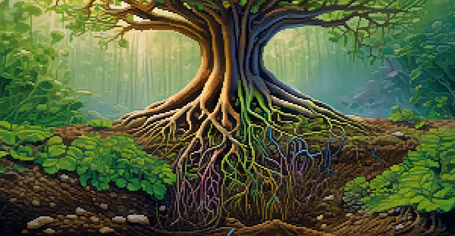 Illustration of a plant's roots interacting with beneficial soil microbes in a colorful depiction.