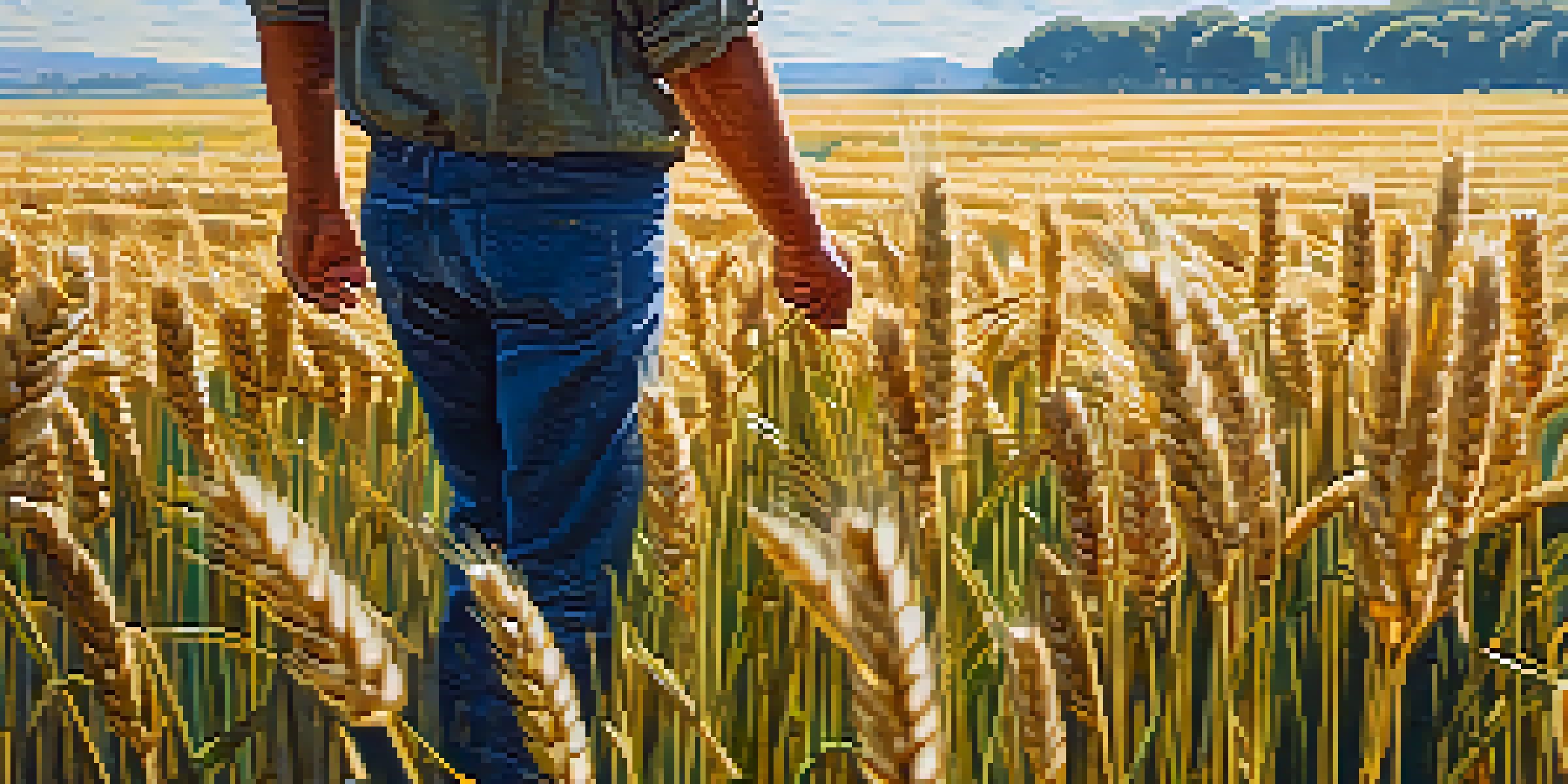 A close-up view of golden wheat stalks in a field with a farmer in the background, under a bright blue sky.