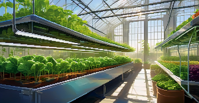 A lush hydroponic garden in a greenhouse with vertical towers of vegetables and greens, illuminated by sunlight.