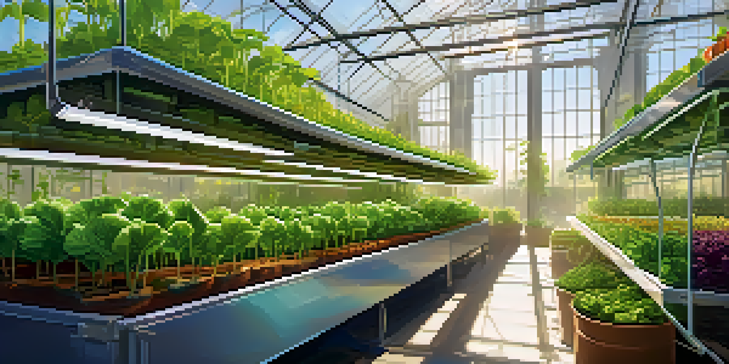 A lush hydroponic garden in a greenhouse with vertical towers of vegetables and greens, illuminated by sunlight.