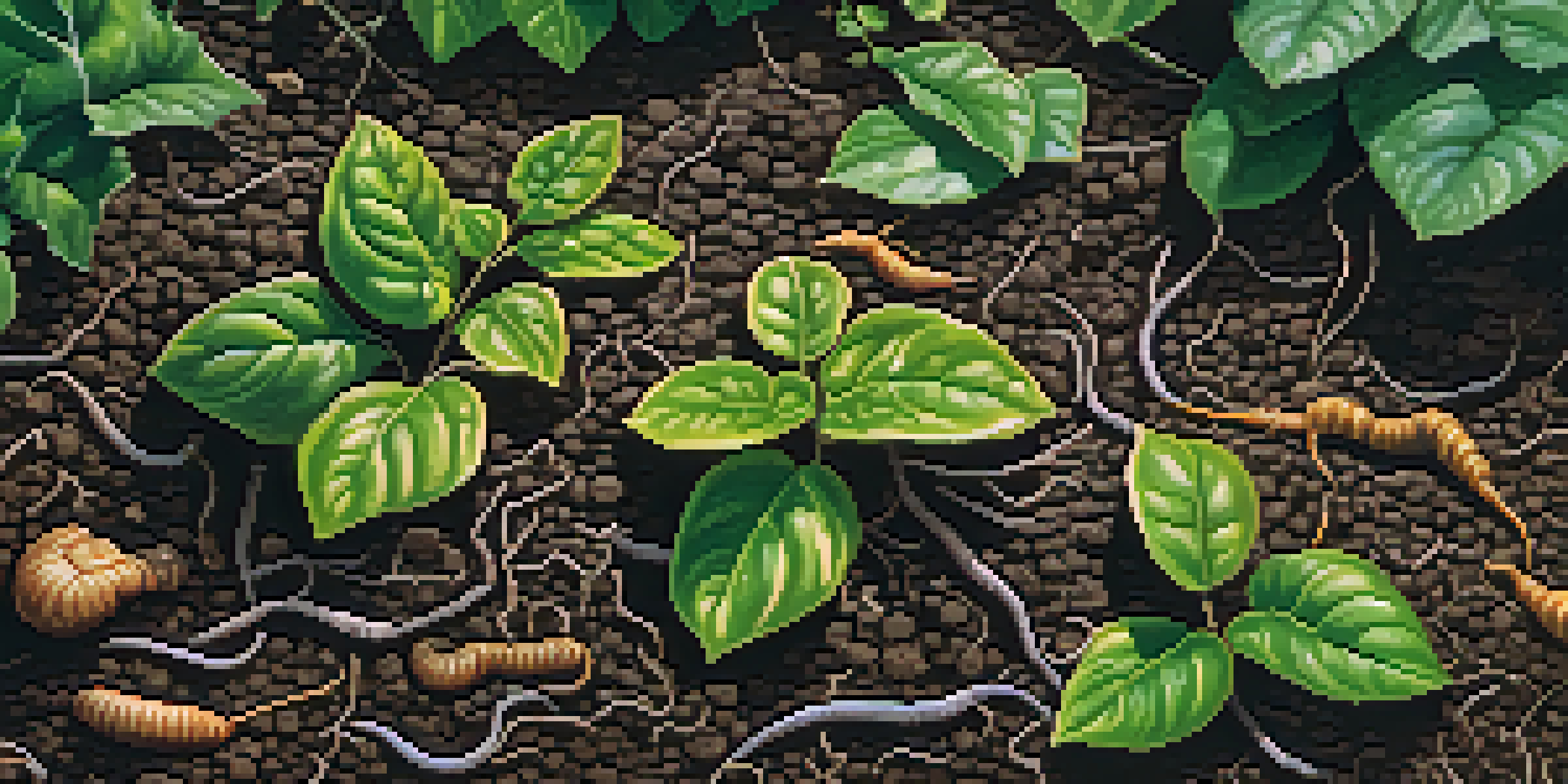 A close-up of healthy soil with visible microorganisms, roots, and earthworms, highlighting the richness of the ecosystem.