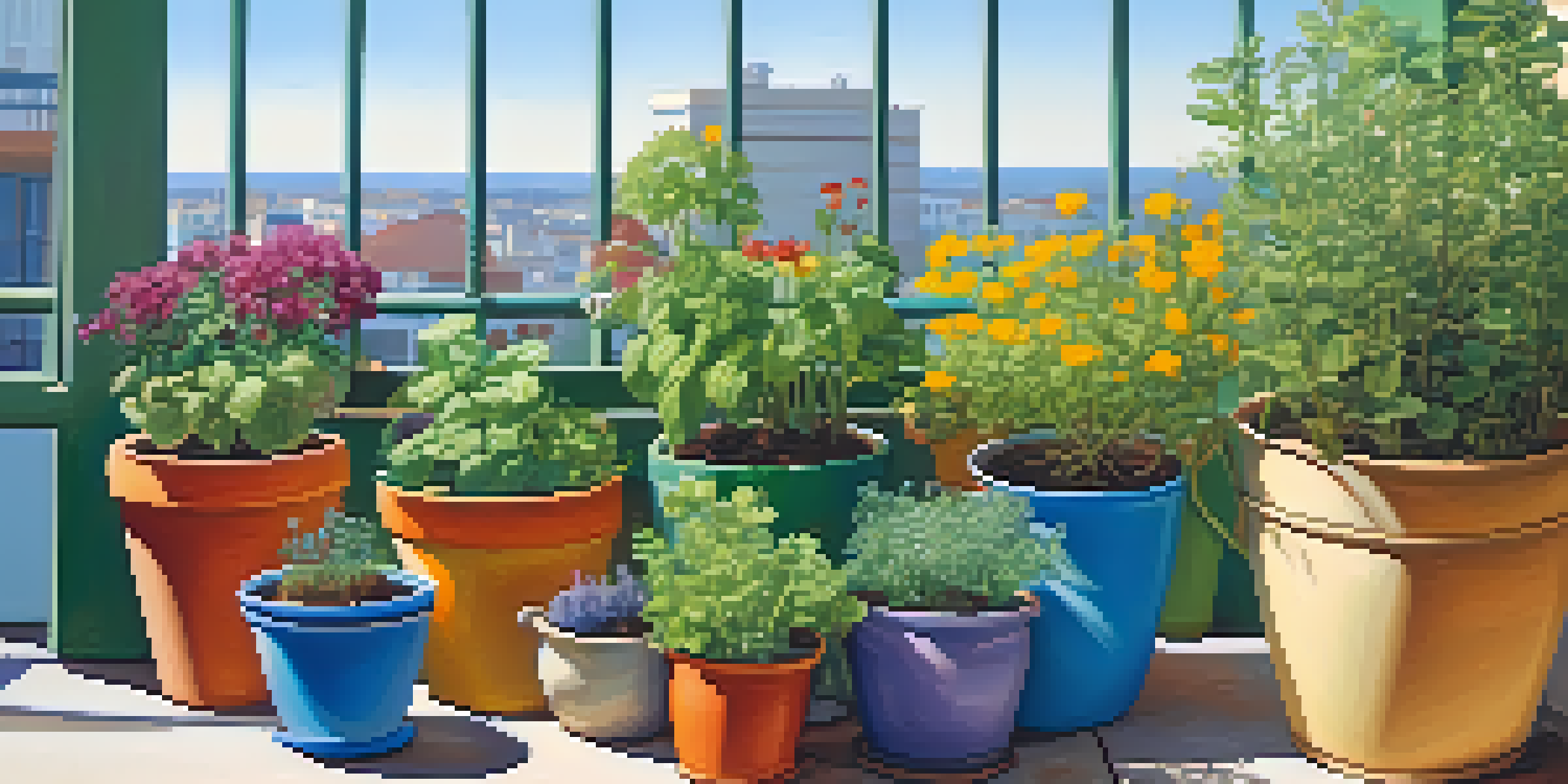A bright balcony garden with colorful pots of herbs, flowers, and vegetables under golden sunlight.