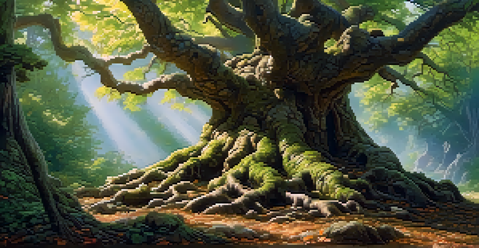 An ancient, gnarled tree in a lush forest with sunlight filtering through the leaves.