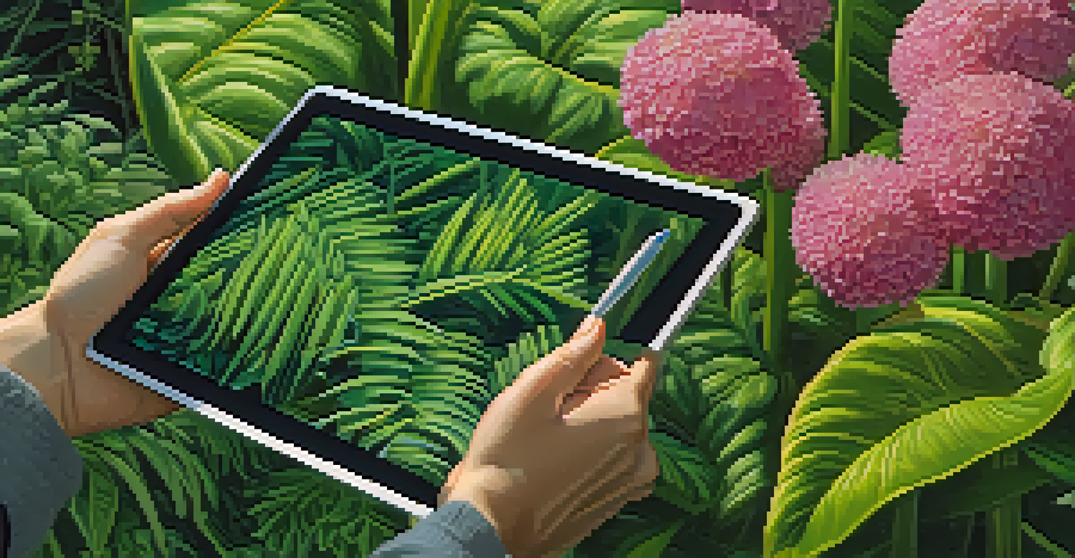 A gardener in a botanical garden closely inspecting a rare plant species, recording data on a tablet, with a soft-focus background of greenery.