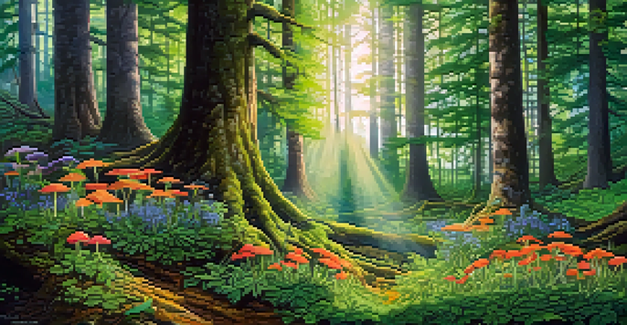 A forest with various trees and colorful wildflowers, with visible mycorrhizal fungi extending from their roots into the soil, illuminated by soft sunlight.