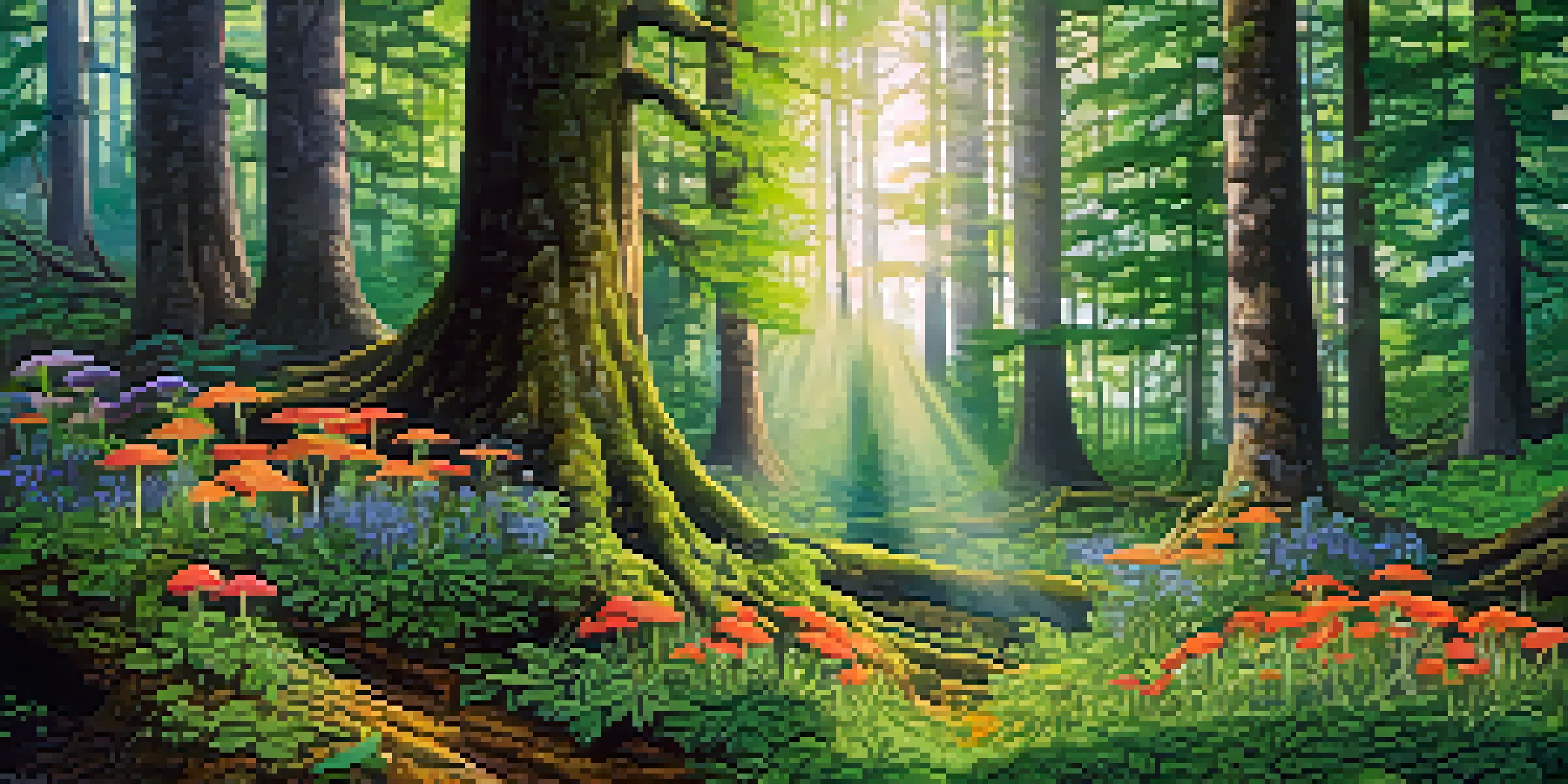 A forest with various trees and colorful wildflowers, with visible mycorrhizal fungi extending from their roots into the soil, illuminated by soft sunlight.