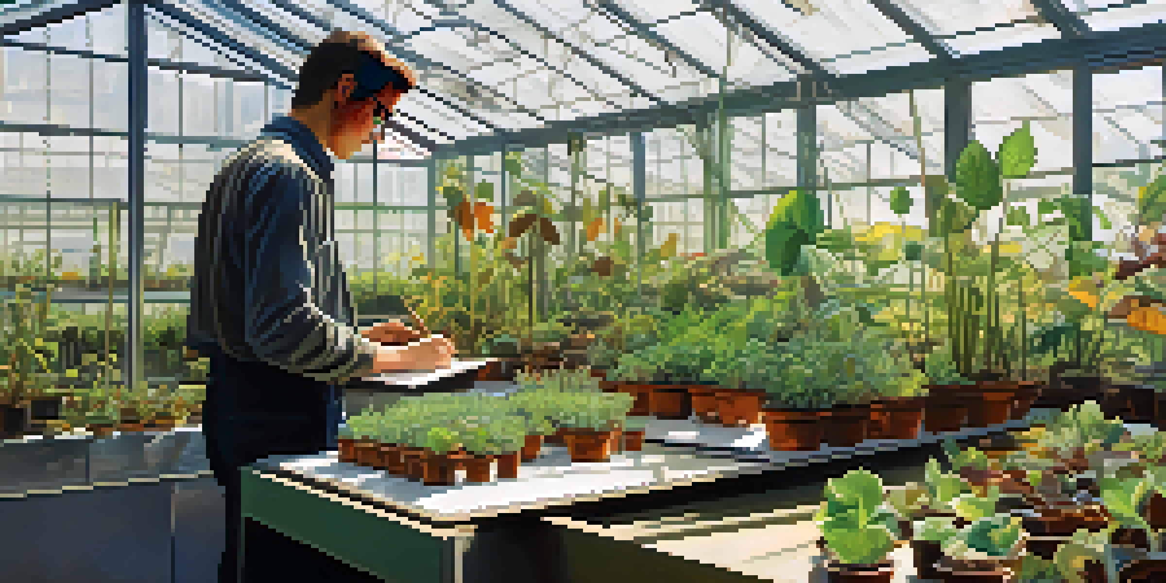 A researcher in a greenhouse observing different plants, with sunlight illuminating the vibrant colors and textures of the foliage.