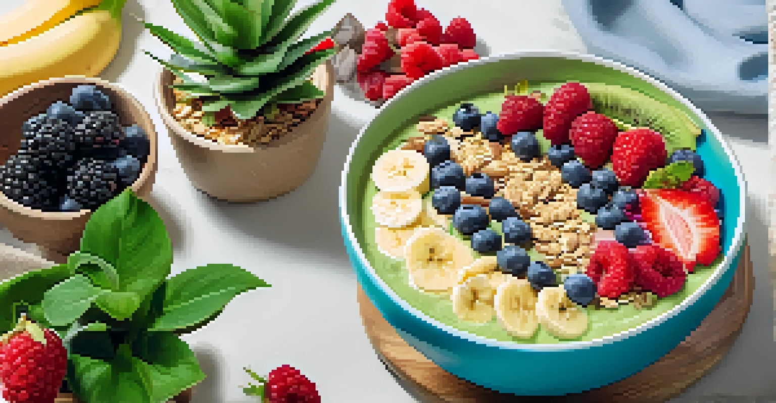 A smoothie bowl topped with banana slices and berries on a kitchen countertop.